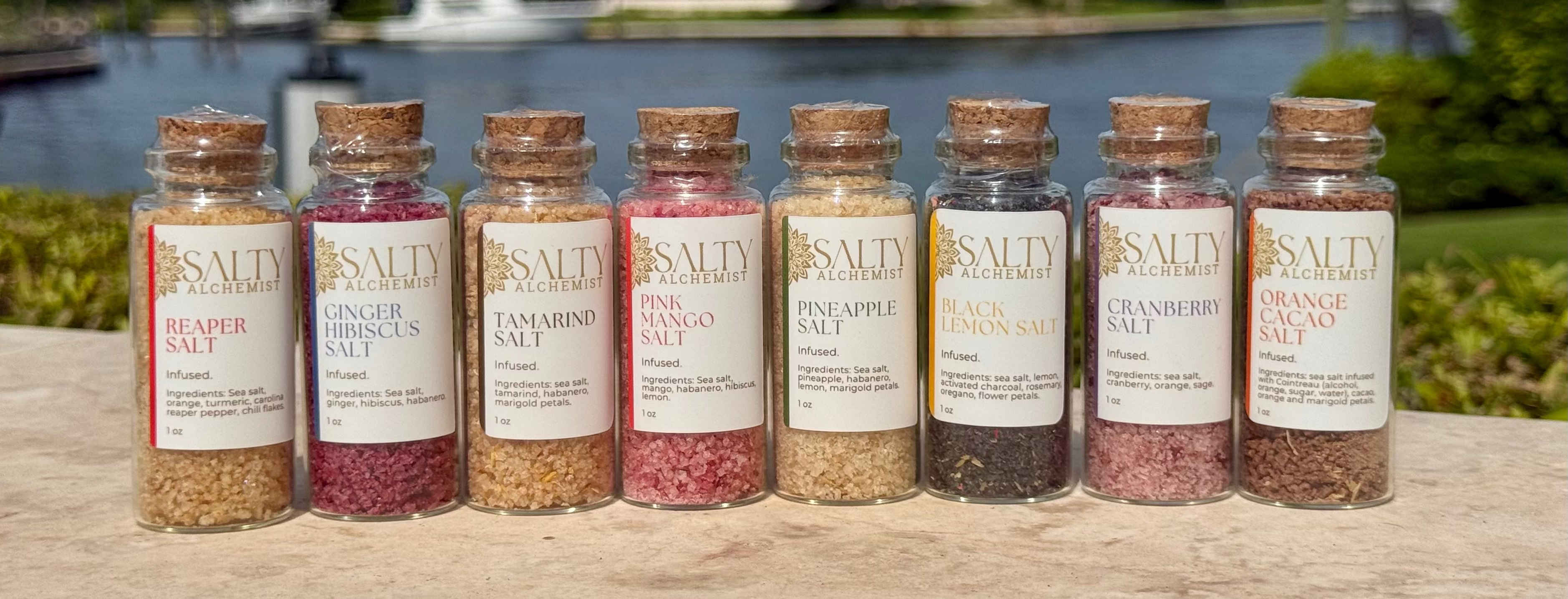 Salty Alchemist's salt collection. Eight small glass spice bottles with cork stoppers and white labels reading 'The Salty Spice Shop' are lined up outdoors on a stone surface, with a blurred waterfront scene in the background. The bottles contain different colored spices: beige, pink, tan, red, yellow, dark brown, and orange. f